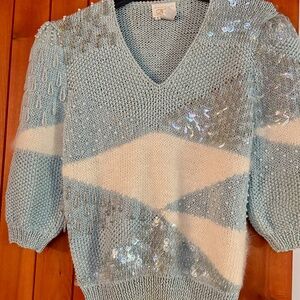 Vintage Cache V Neck Hand Knit Sweater beads & Clear Sequins L ( Fits S or M)